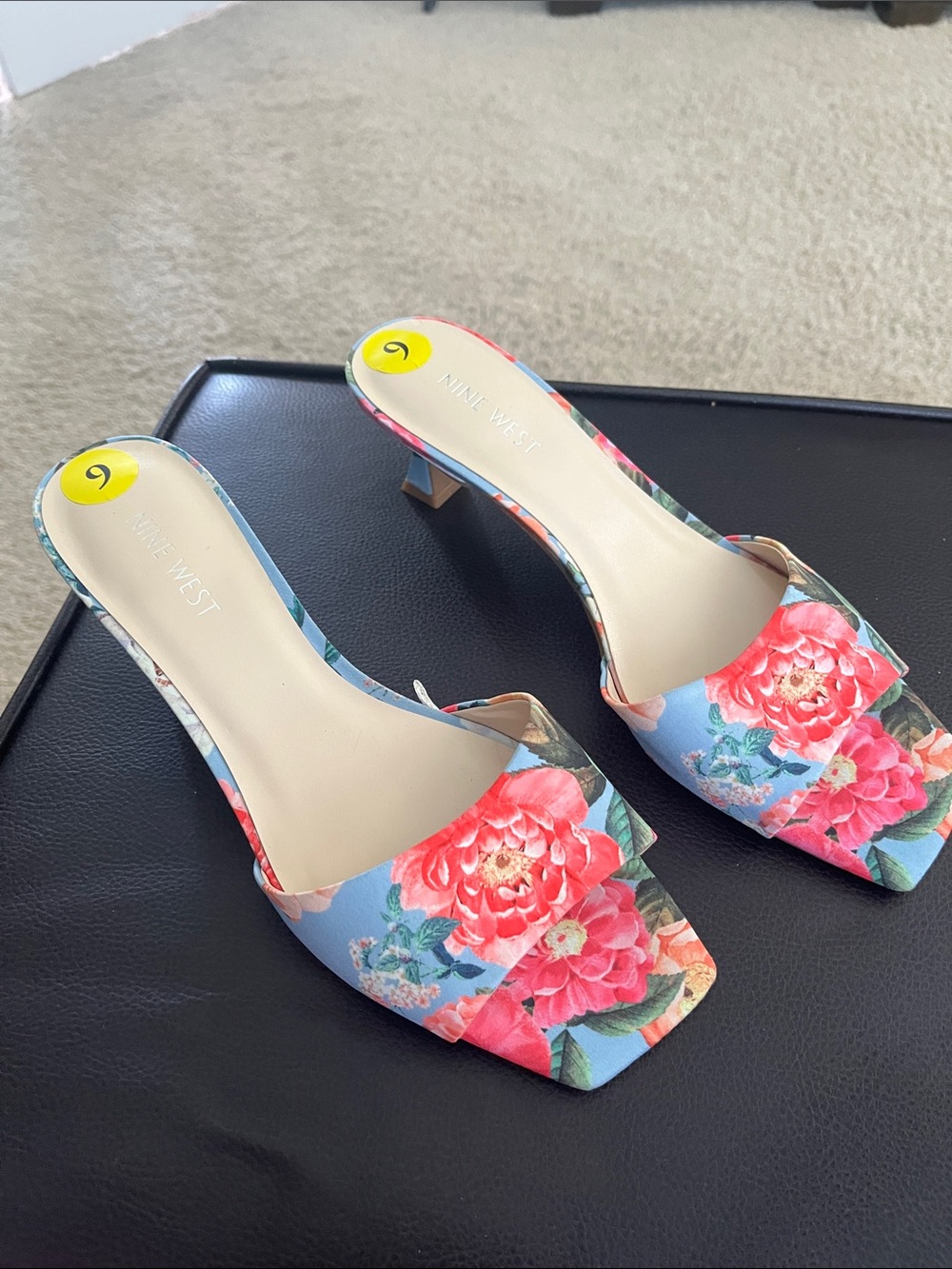 Nine West Blue Floral Square-Toe Mule Heels with Pink Blooms